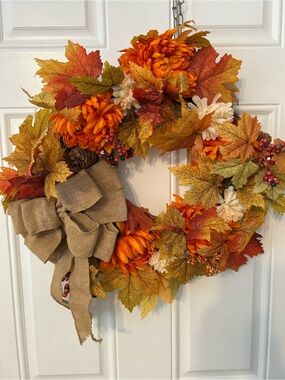 Autumn Glow Orange & Gold Fall Wreath with Burlap Bow